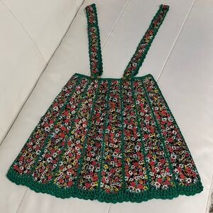 Floral Green vintage black leather crochet patchwork skirt suspenders XS xxs